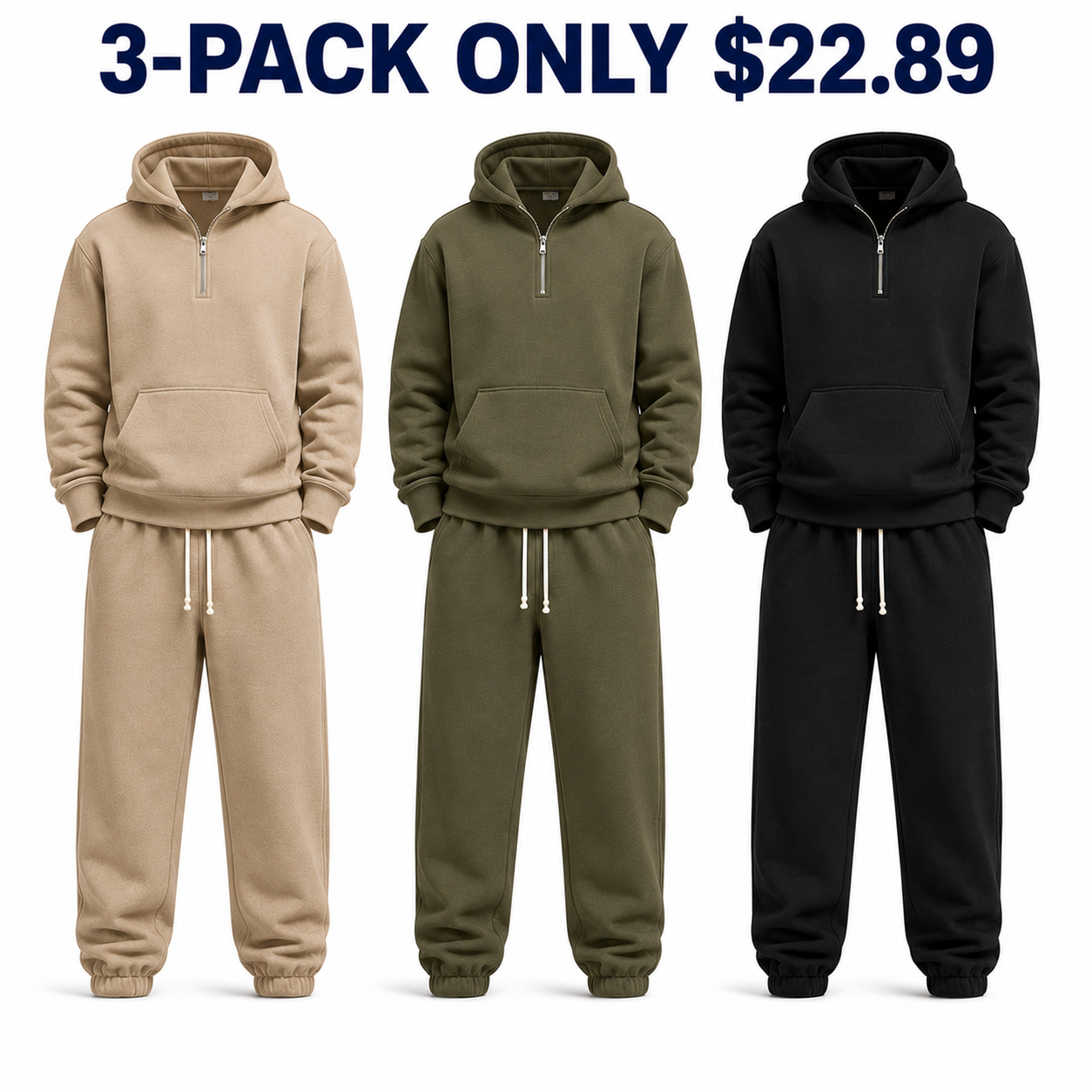 3-Pack Earth Tones dimensional unisex half-zip hoodie and sweatpants sets, Only $22.89