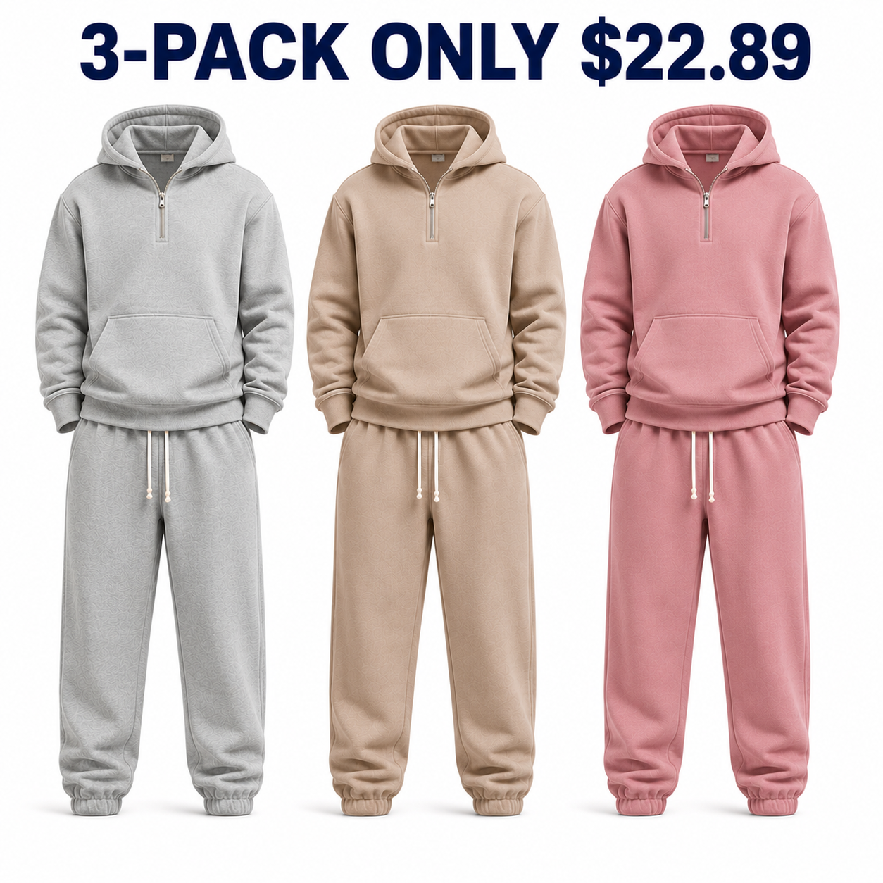 3-Pack Light Balance dimensional unisex half-zip hoodie and sweatpants sets, Only $22.89