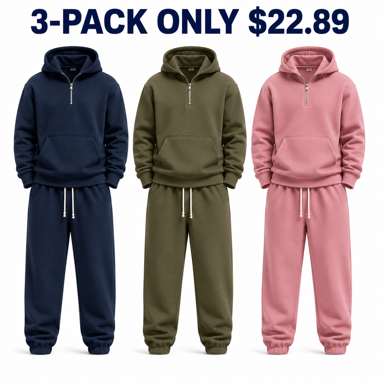 3-Pack Weekend Mix dimensional unisex half-zip hoodie and sweatpants sets, Only $22.89