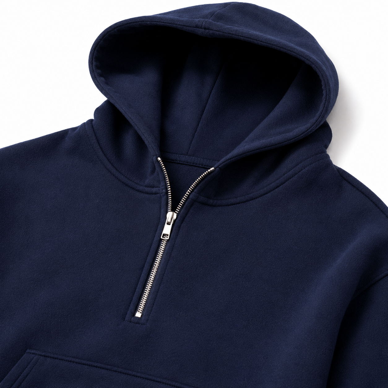 Filled three-dimensional half-zip hood and kangaroo pocket detail