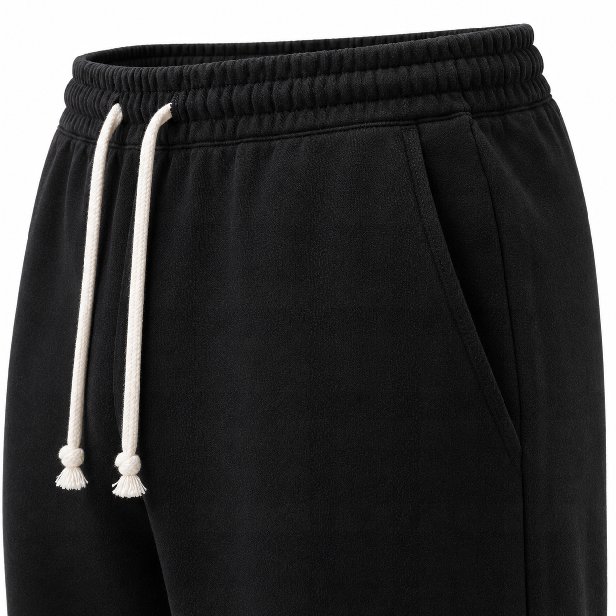 Filled three-dimensional drawcord waist and slant pocket detail