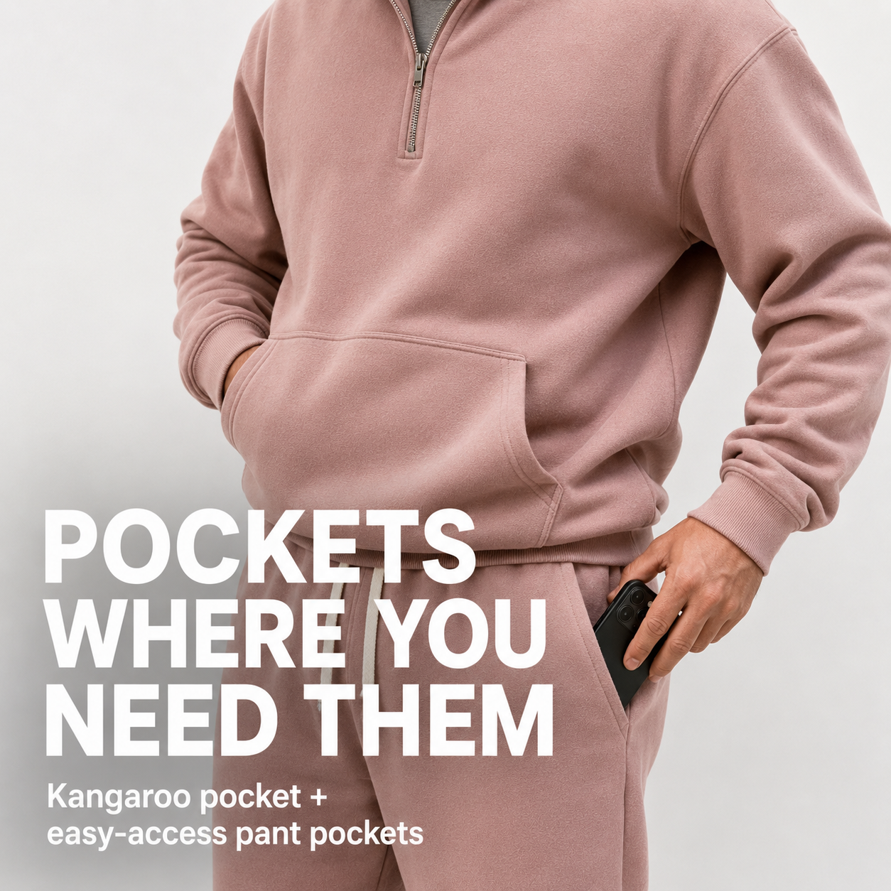 Kangaroo and sweatpants pocket storage function on-body