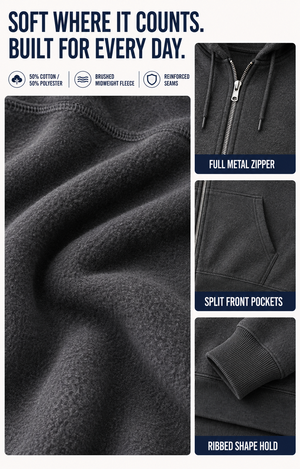 Full-zip fleece hoodie construction details