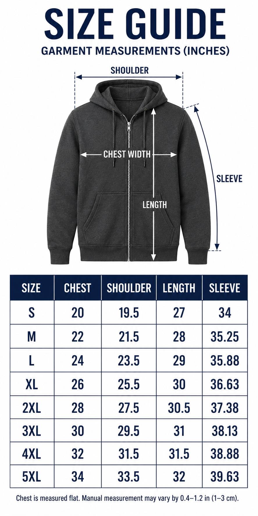 Unisex full-zip fleece hoodie S through 5XL garment size guide