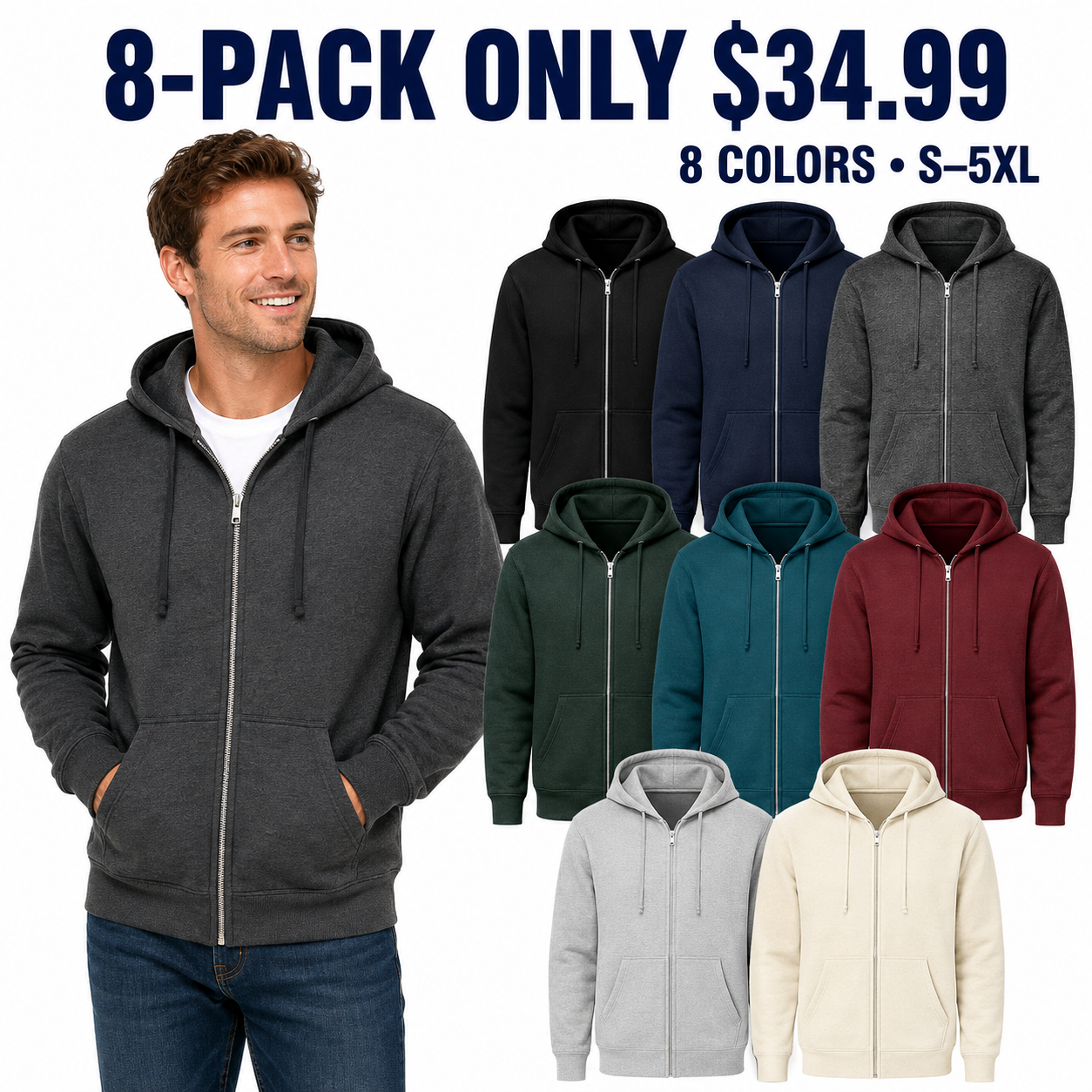 Unisex full-zip fleece hoodies 8-Pack All-Color Rotation, Only $34.99