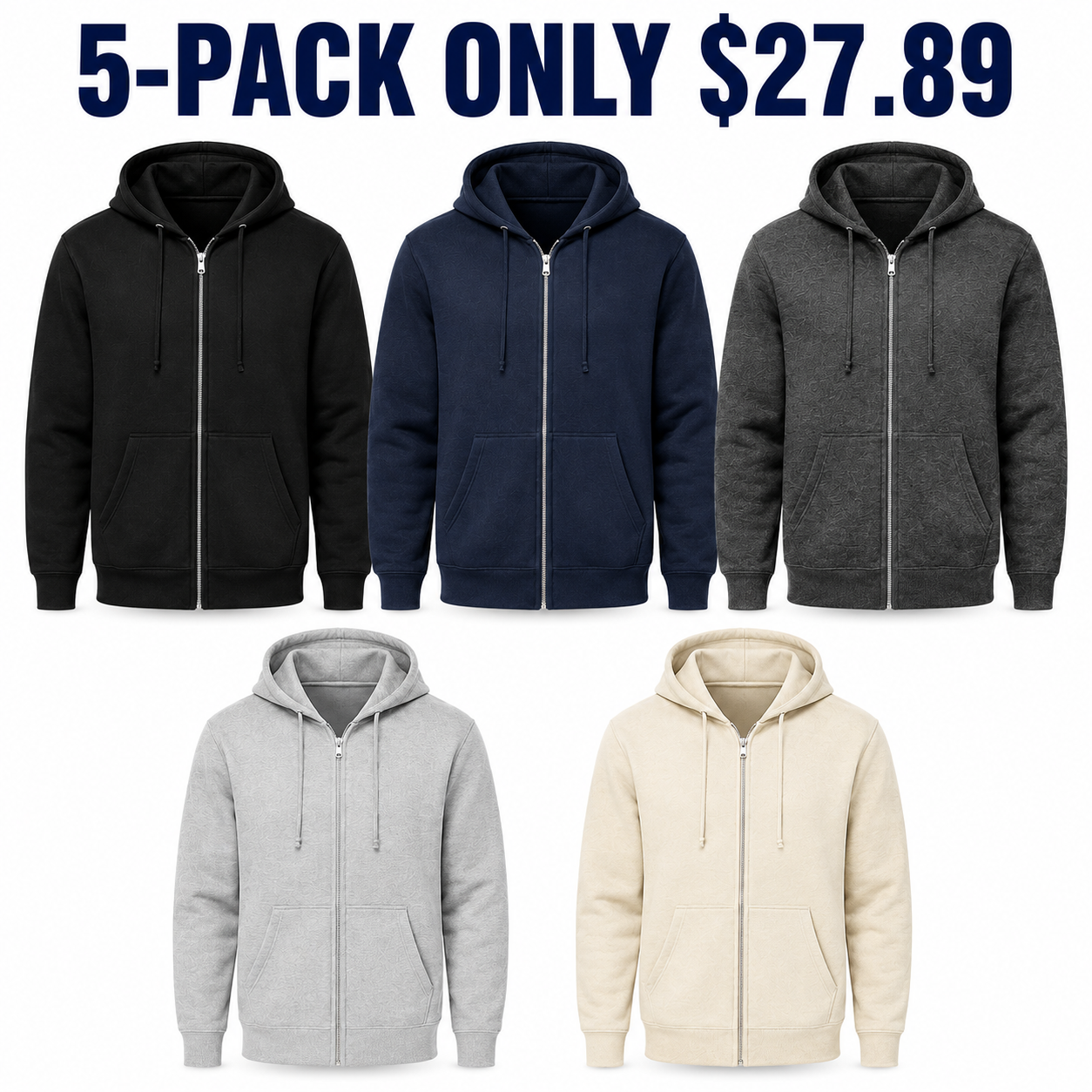 Unisex full-zip fleece hoodies 5-Pack Core Neutrals, Only $27.89