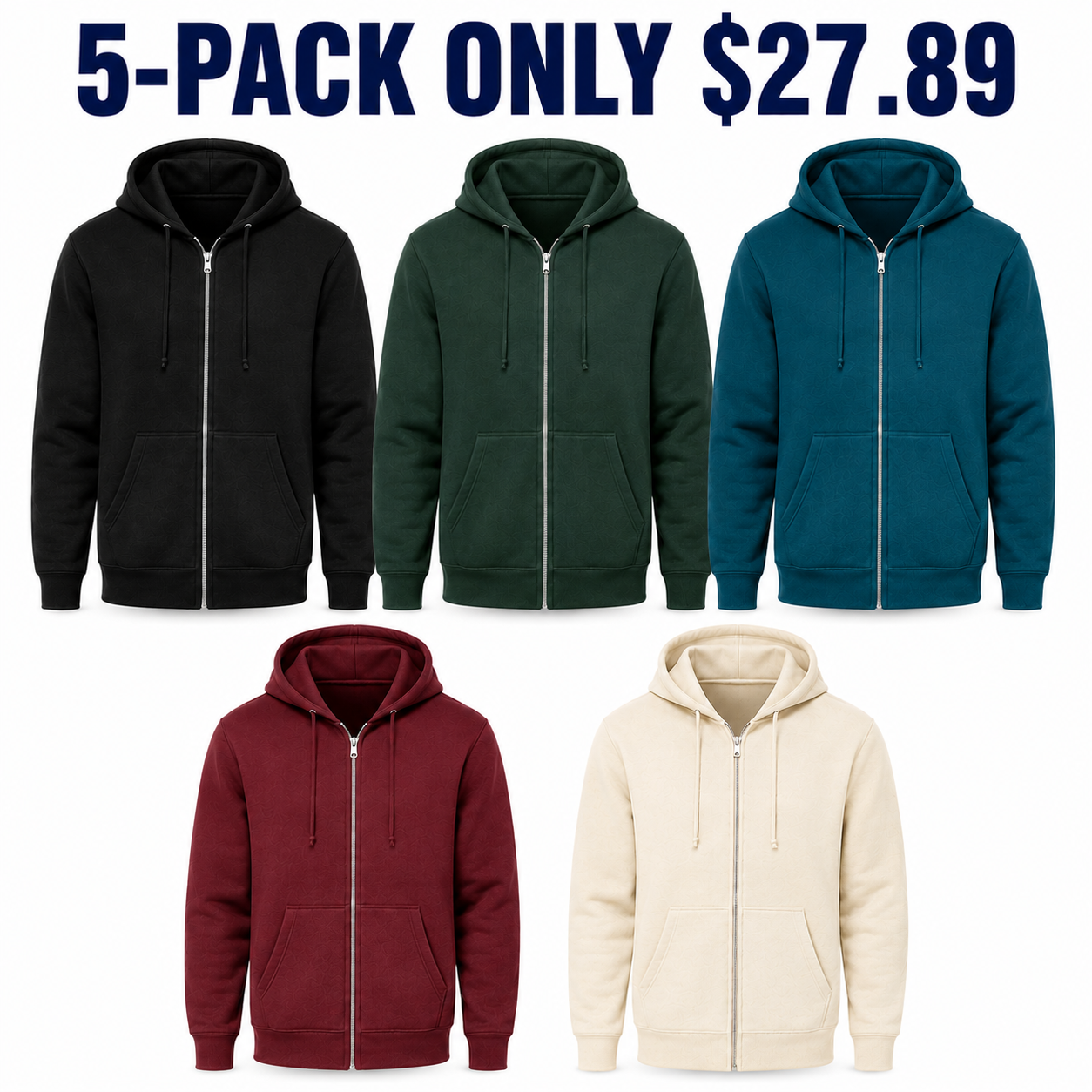 Unisex full-zip fleece hoodies 5-Pack Outdoor Casual, Only $27.89