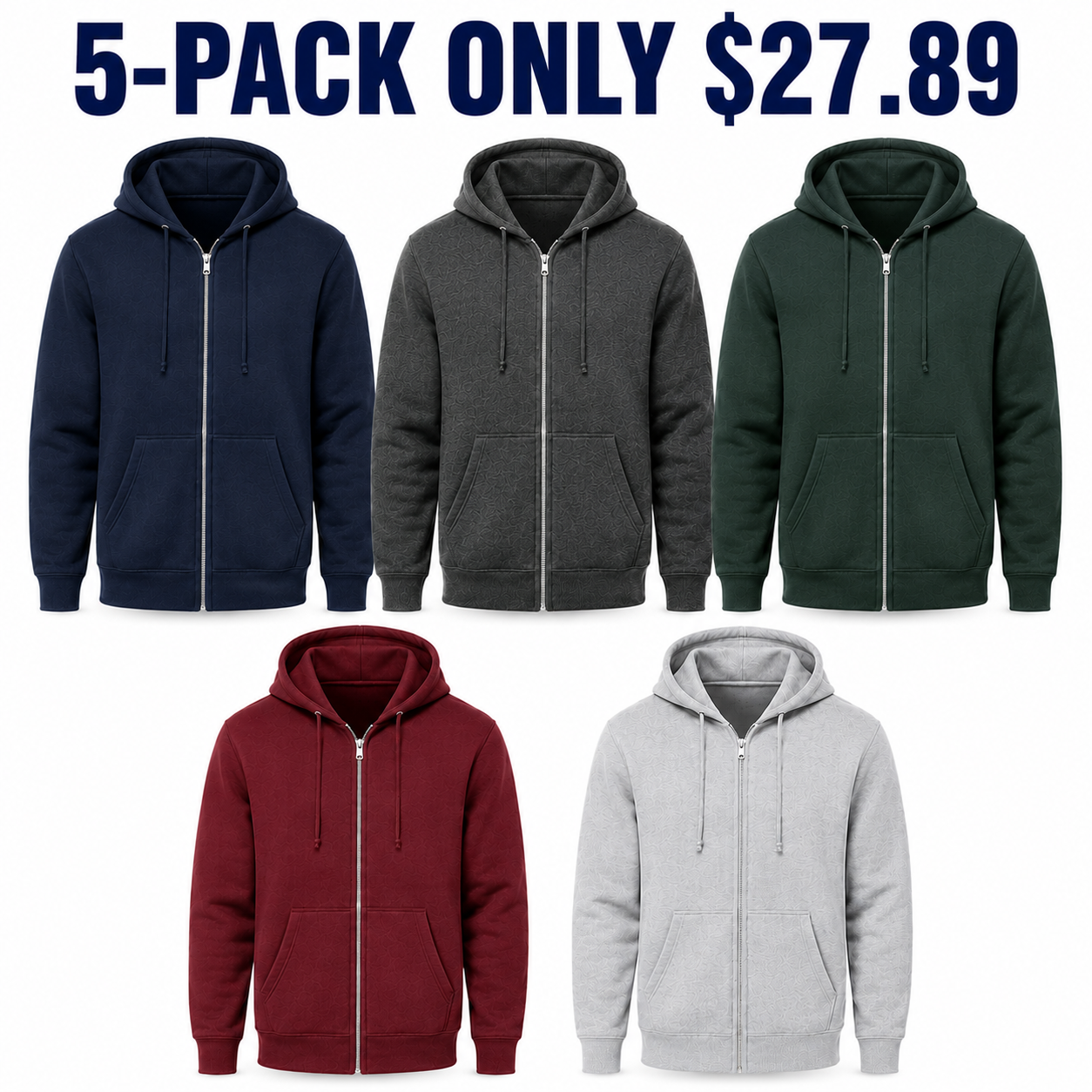 Unisex full-zip fleece hoodies 5-Pack Everyday Mix, Only $27.89