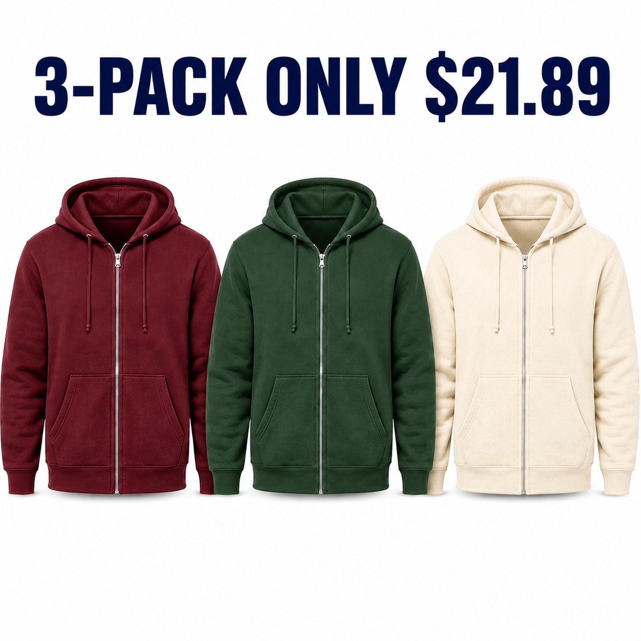 Unisex full-zip fleece hoodies 3-Pack Rich Tones, Only $21.89