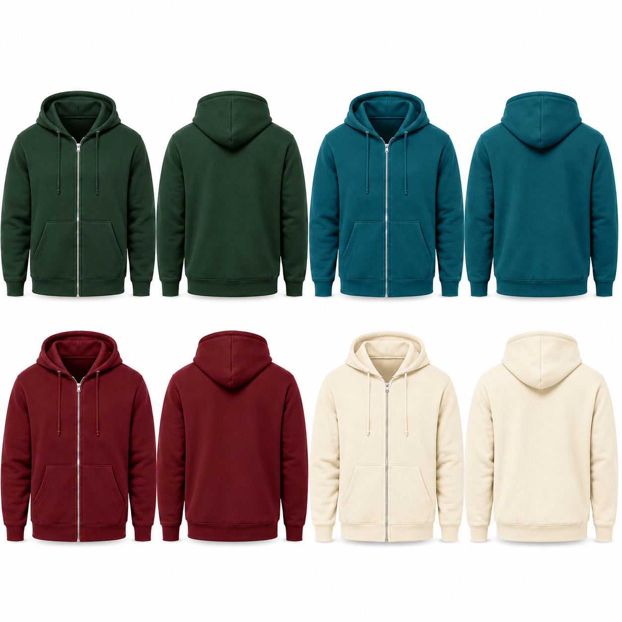 Unisex full-zip fleece hoodie color assortment front and back