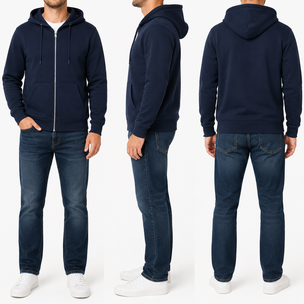 Unisex full-zip fleece hoodie front side and back fit views