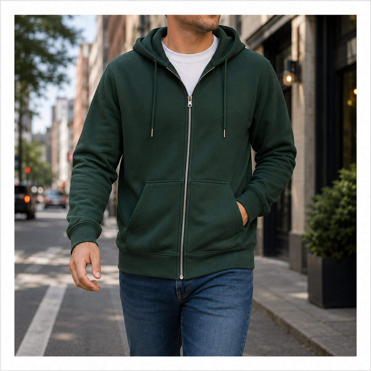 Deep forest full-zip fleece hoodie everyday city outfit