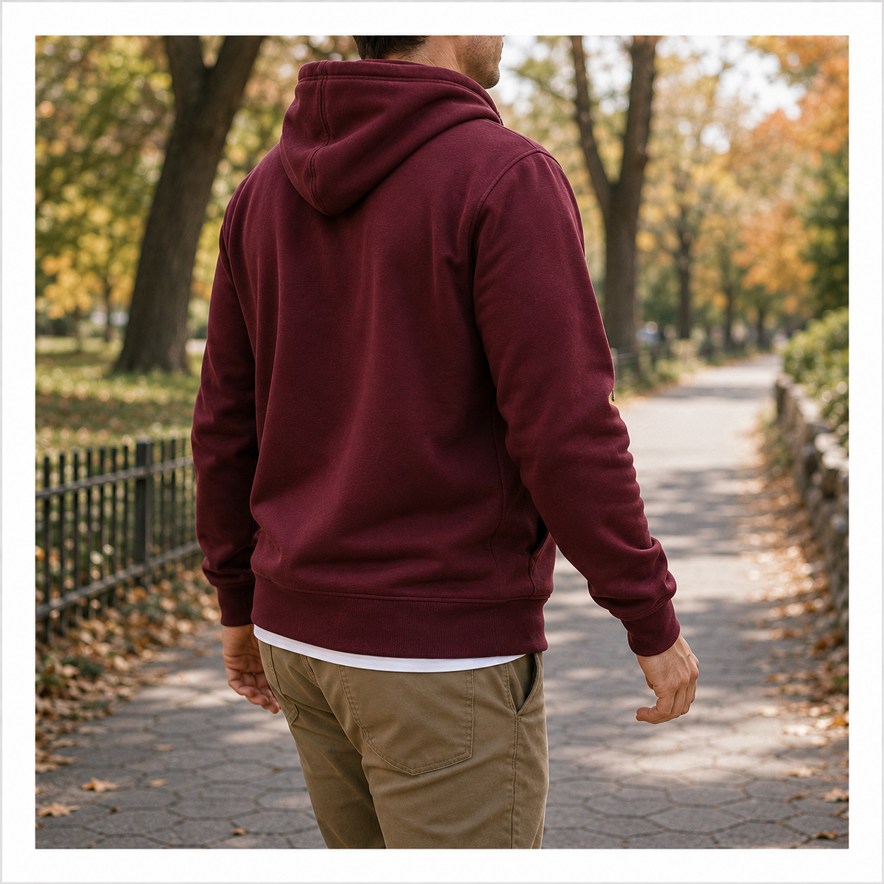 Burgundy full-zip fleece hoodie relaxed park outfit