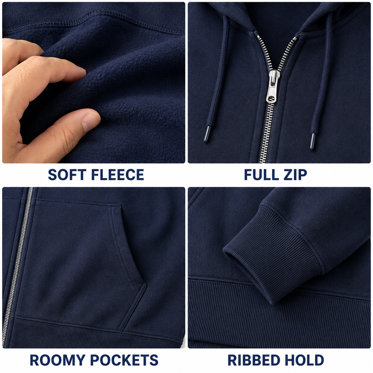 Full-zip fleece hoodie fabric zipper pocket cuff and seam details