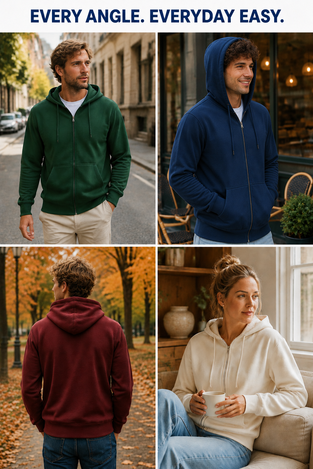 Full-zip fleece hoodie multiple everyday scenes and angles, including hood-up navy side view