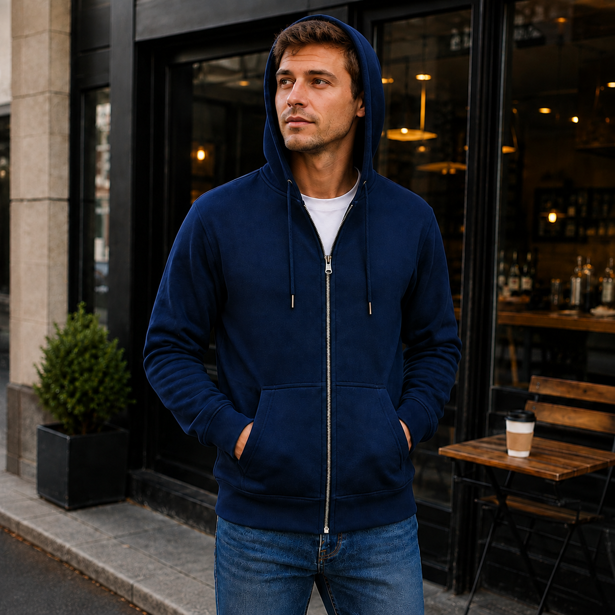 Navy full-zip fleece hoodie worn with hood up