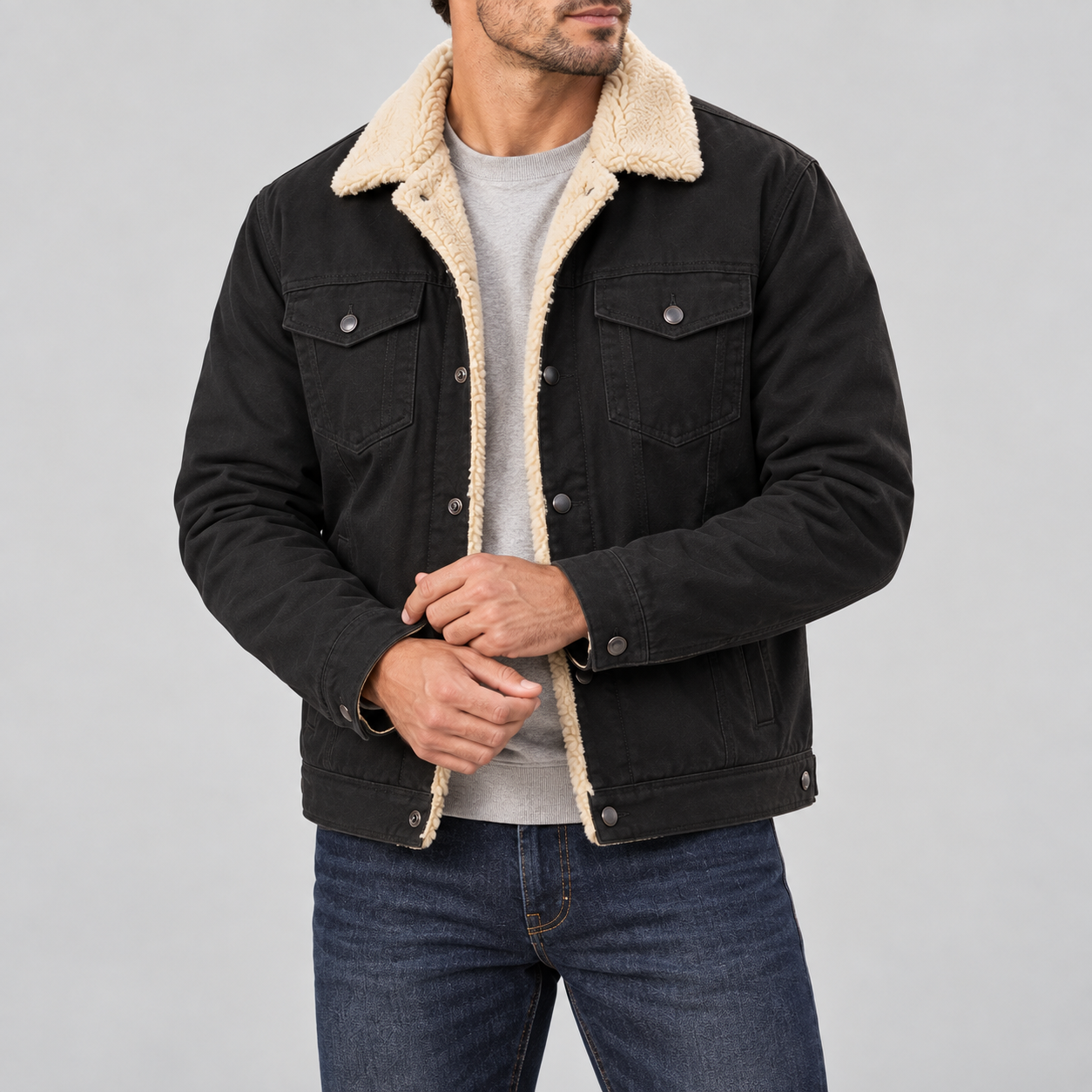 Young American male model wearing Black sherpa-lined workwear trucker jacket, front studio view