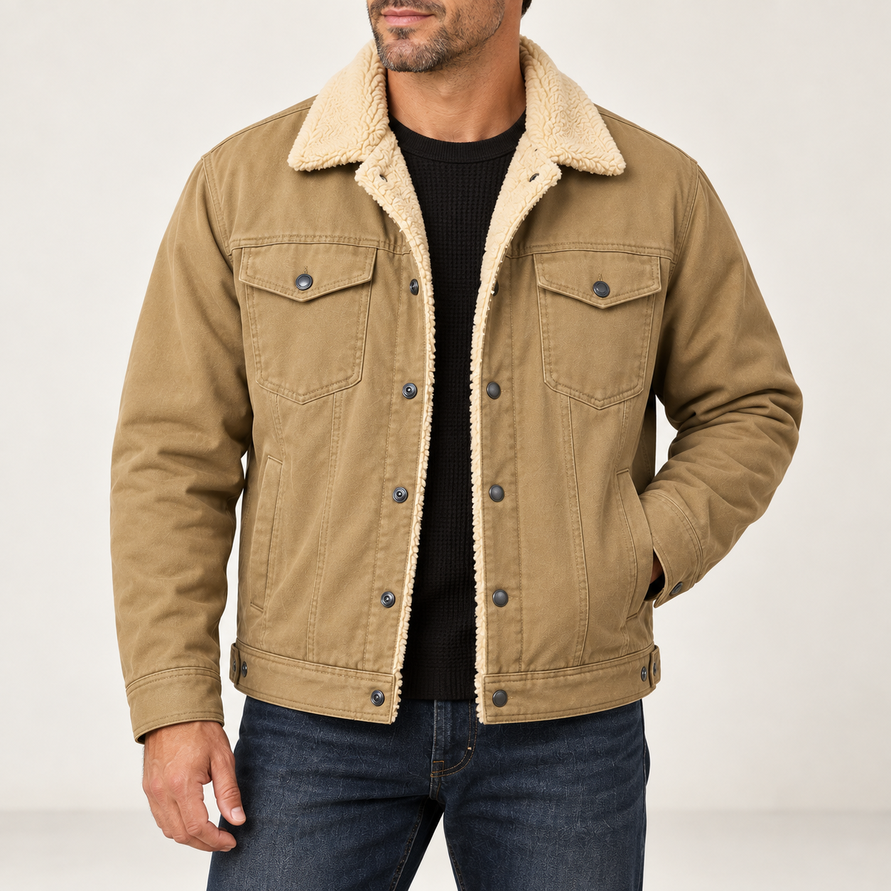 American male model wearing Khaki sherpa-lined workwear trucker jacket, front studio view