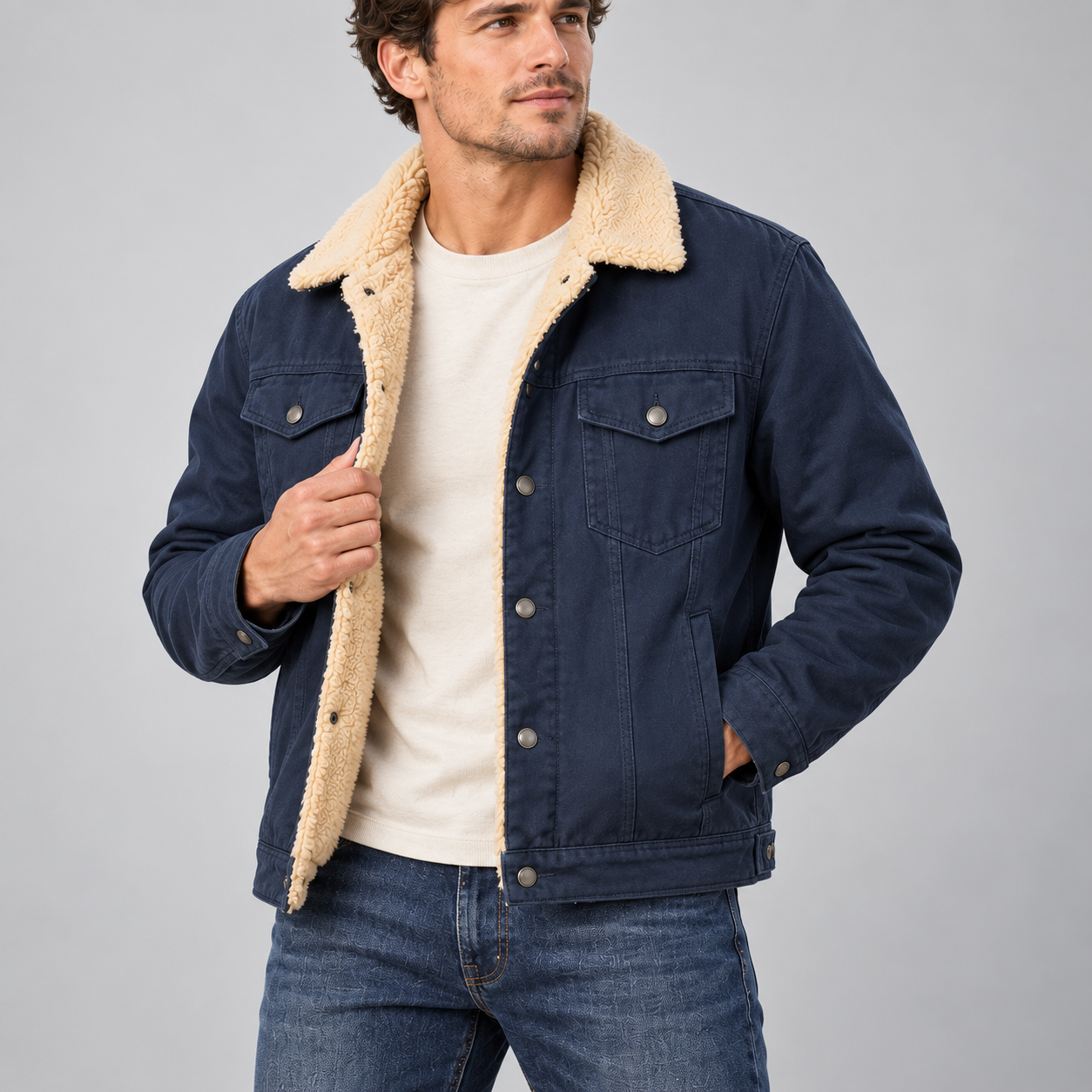 Young American male model wearing Navy sherpa-lined workwear trucker jacket, close front studio view