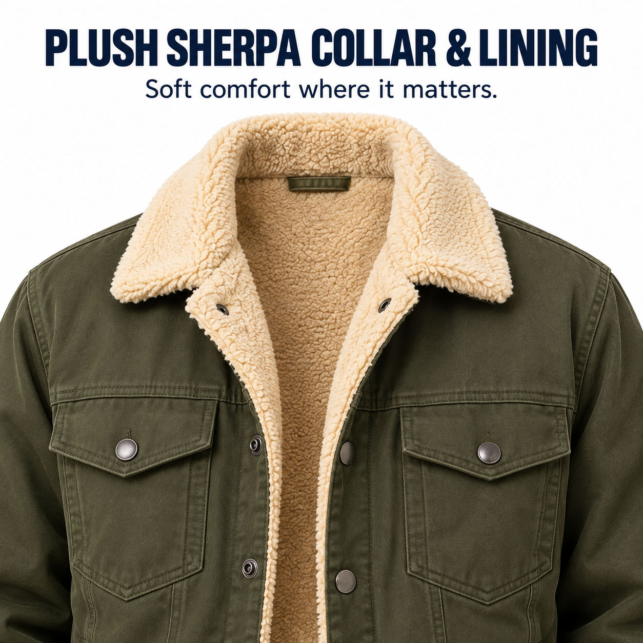 Olive Green workwear trucker jacket plush sherpa collar and lining detail