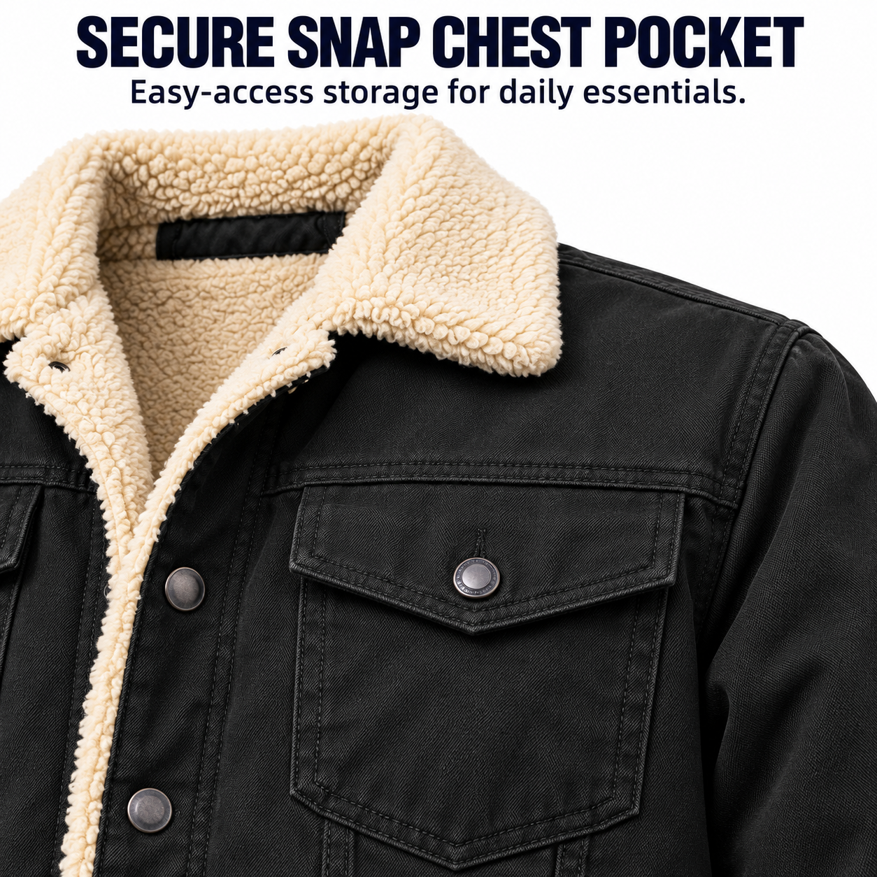 Black workwear trucker jacket secure snap chest pocket detail