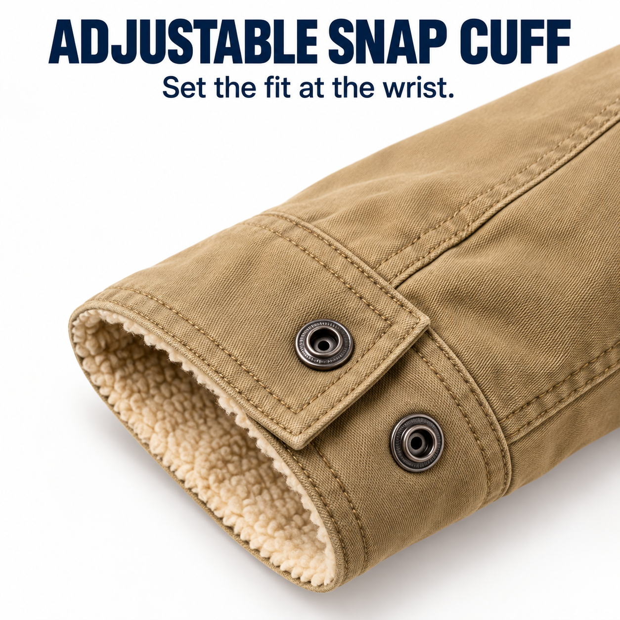 Khaki workwear trucker jacket adjustable snap cuff detail