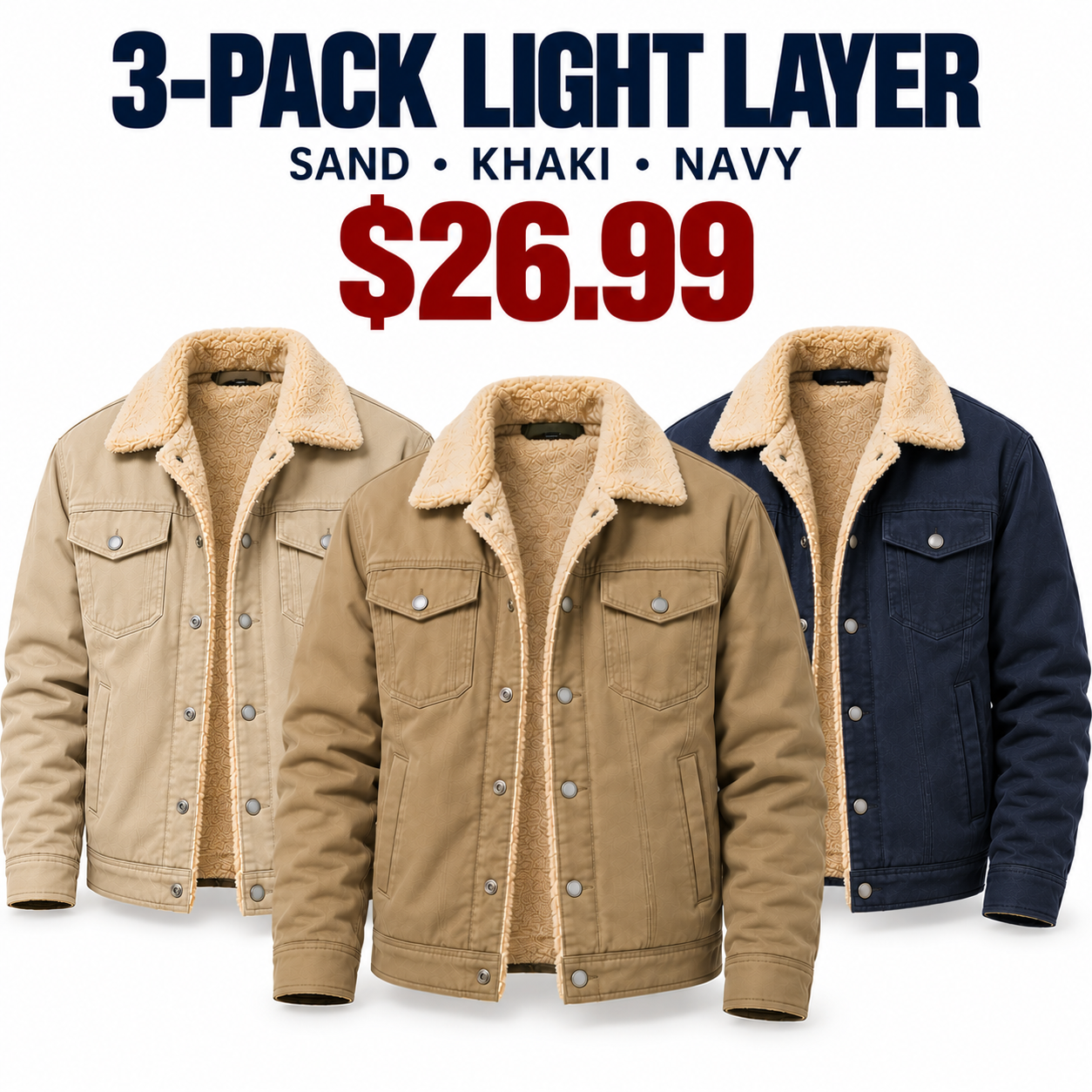 3-Pack Light Layer Sand Khaki Navy sherpa-lined workwear jackets, $26.99