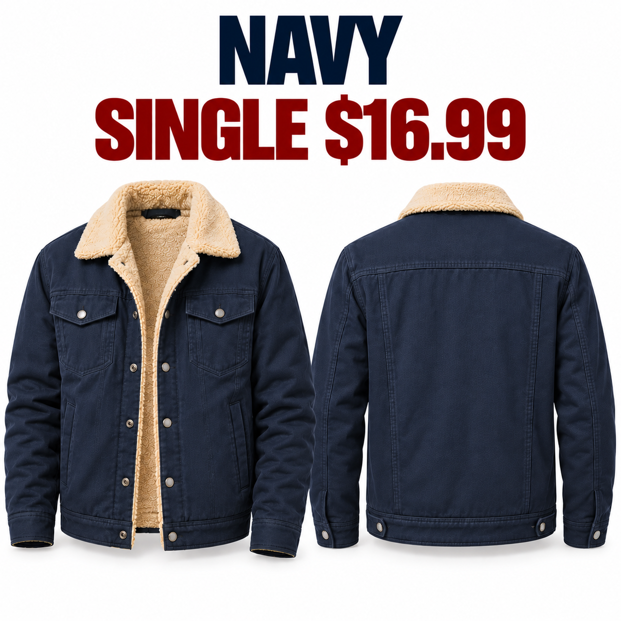 Navy sherpa-lined workwear trucker jacket front and back, single $16.99