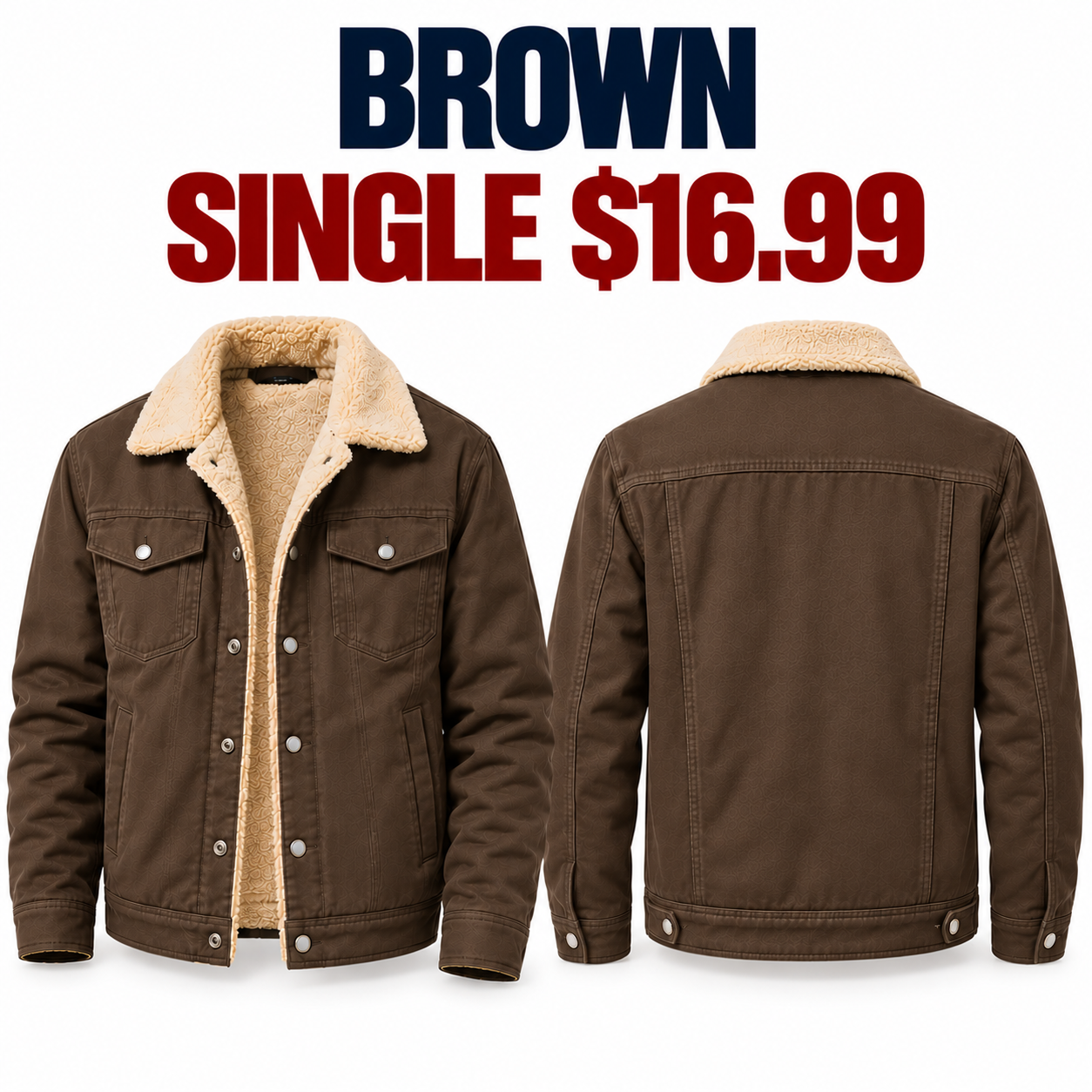 Brown sherpa-lined workwear trucker jacket front and back, single $16.99