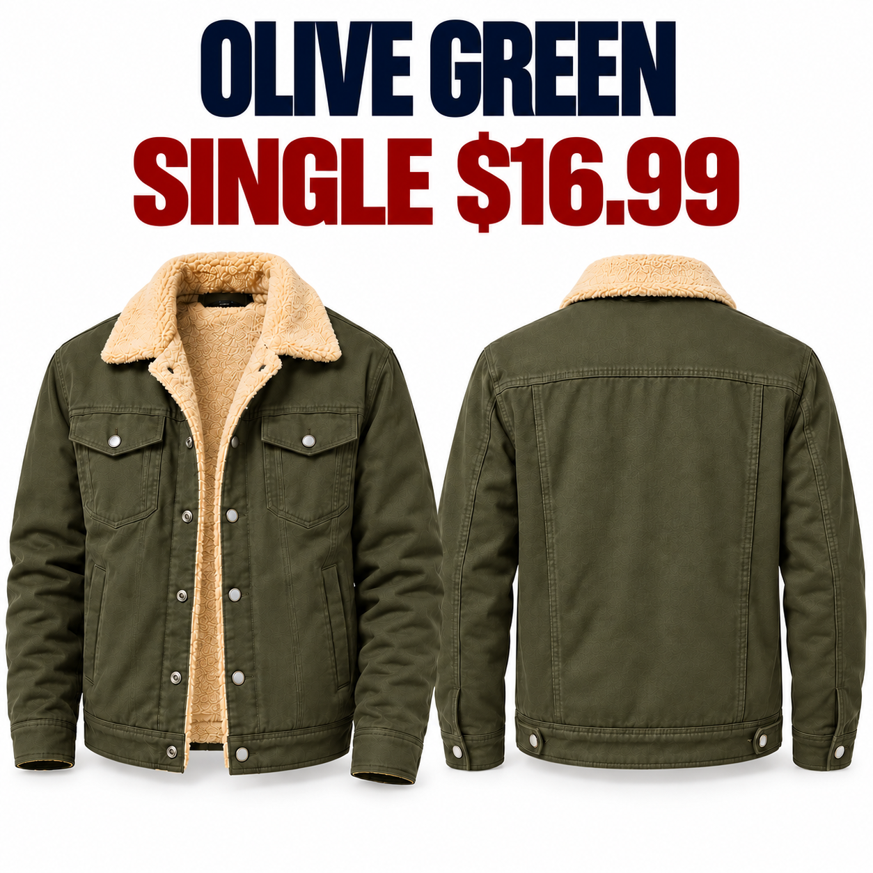 Olive Green sherpa-lined workwear trucker jacket front and back, single $16.99