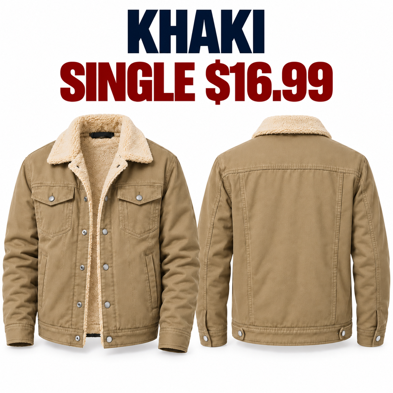 Khaki sherpa-lined workwear trucker jacket front and back, single $16.99