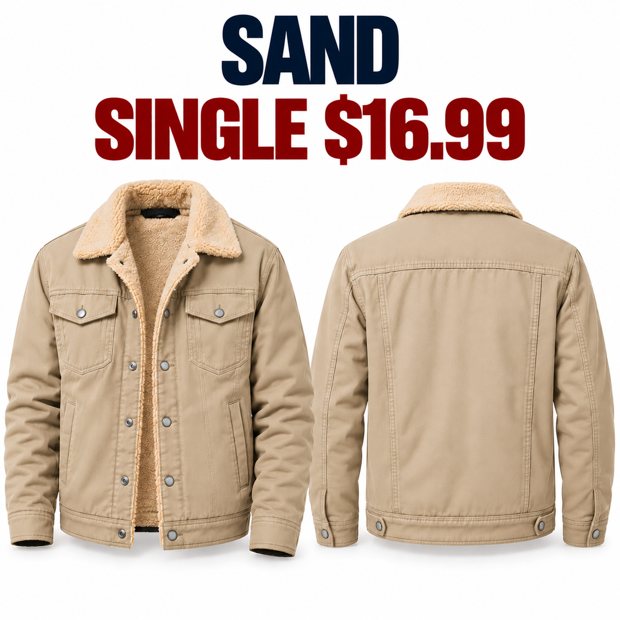 Sand sherpa-lined workwear trucker jacket front and back, single $16.99