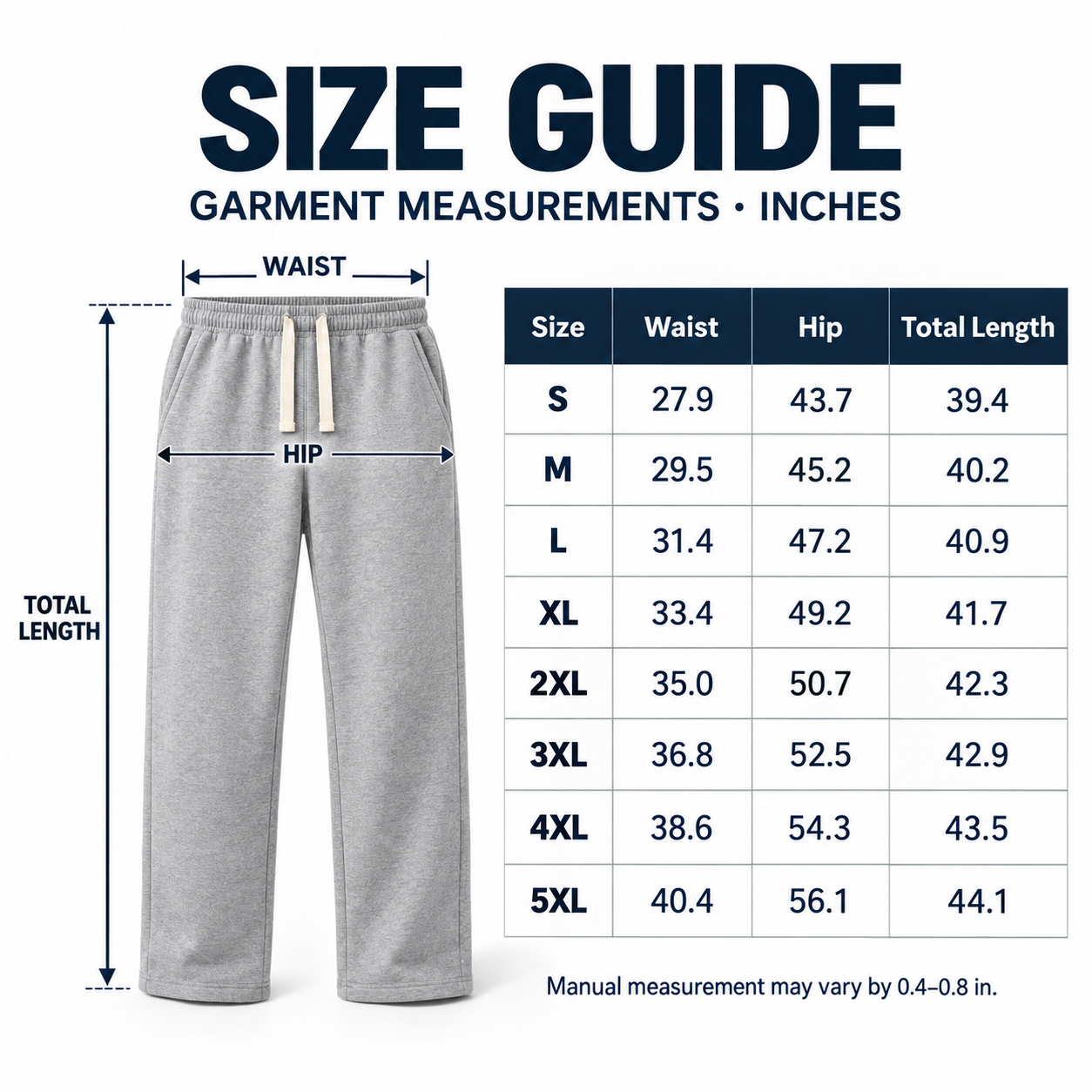 S to 5XL garment measurement size guide in inches