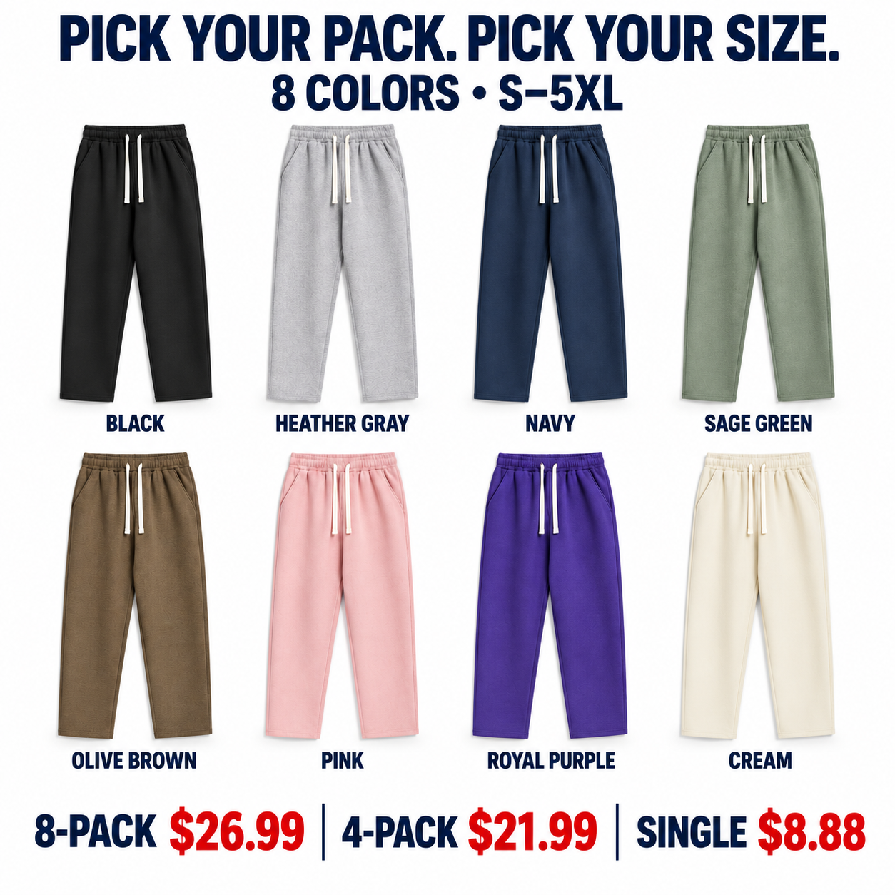 Eight colors with Pack choices prices and S to 5XL size range