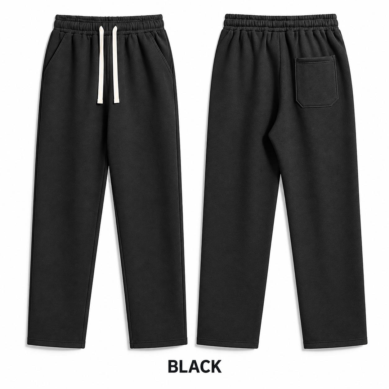 Black relaxed straight-leg sweatpants, complete front and back views