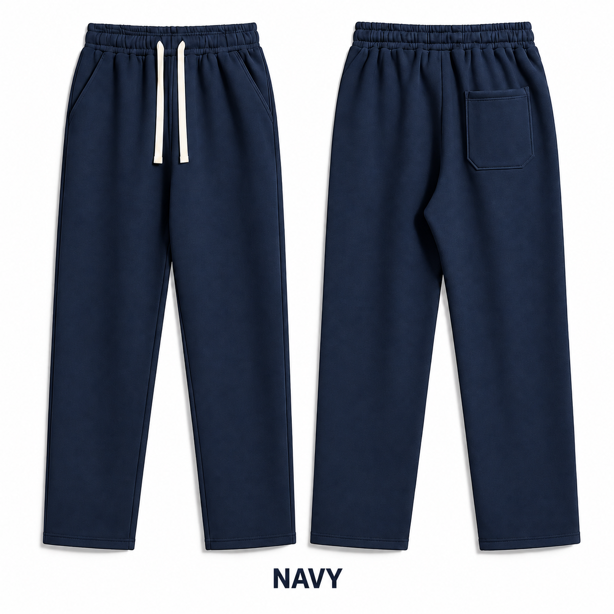 Navy relaxed straight-leg sweatpants, complete front and back views