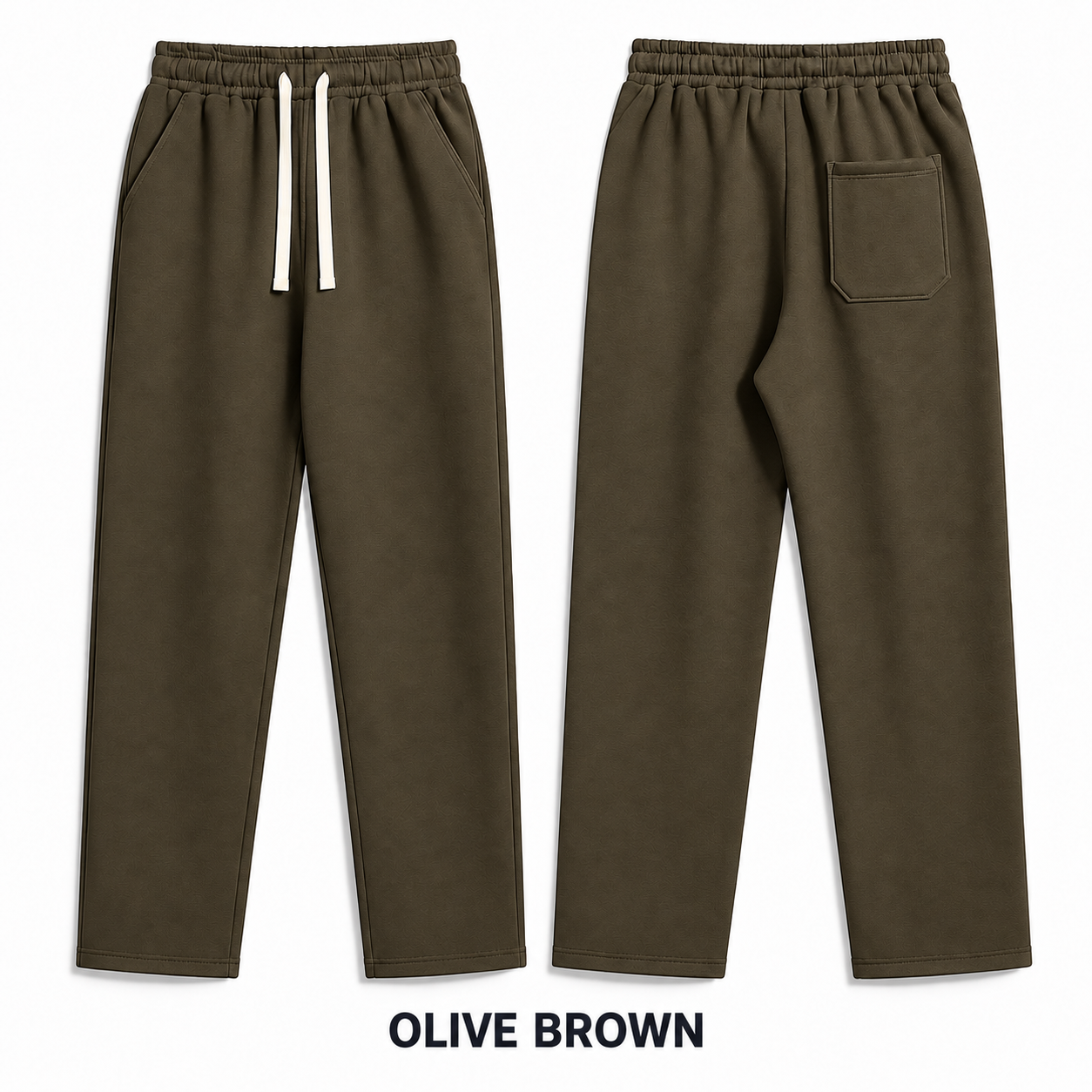 Olive Brown relaxed straight-leg sweatpants, complete front and back views