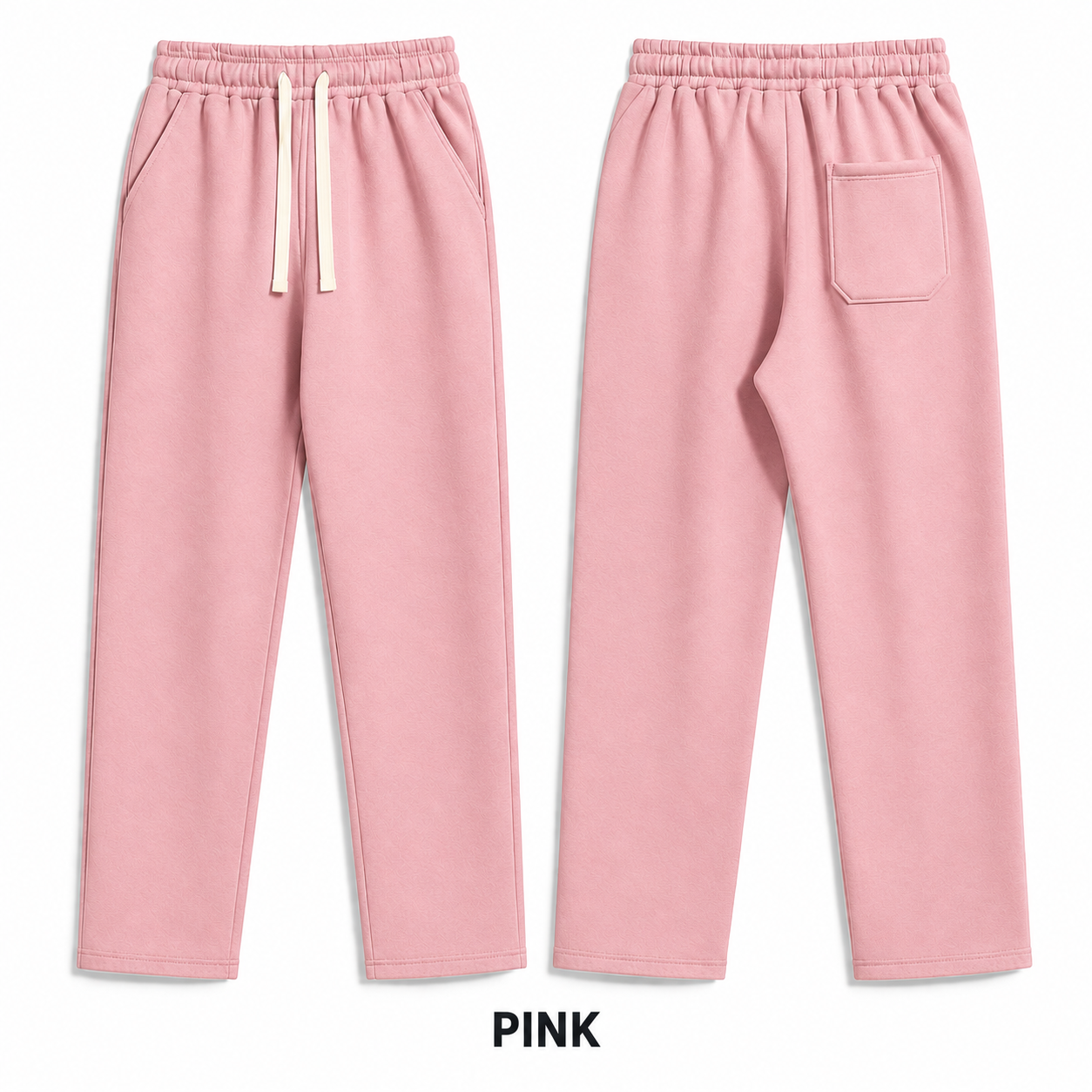 Pink relaxed straight-leg sweatpants, complete front and back views