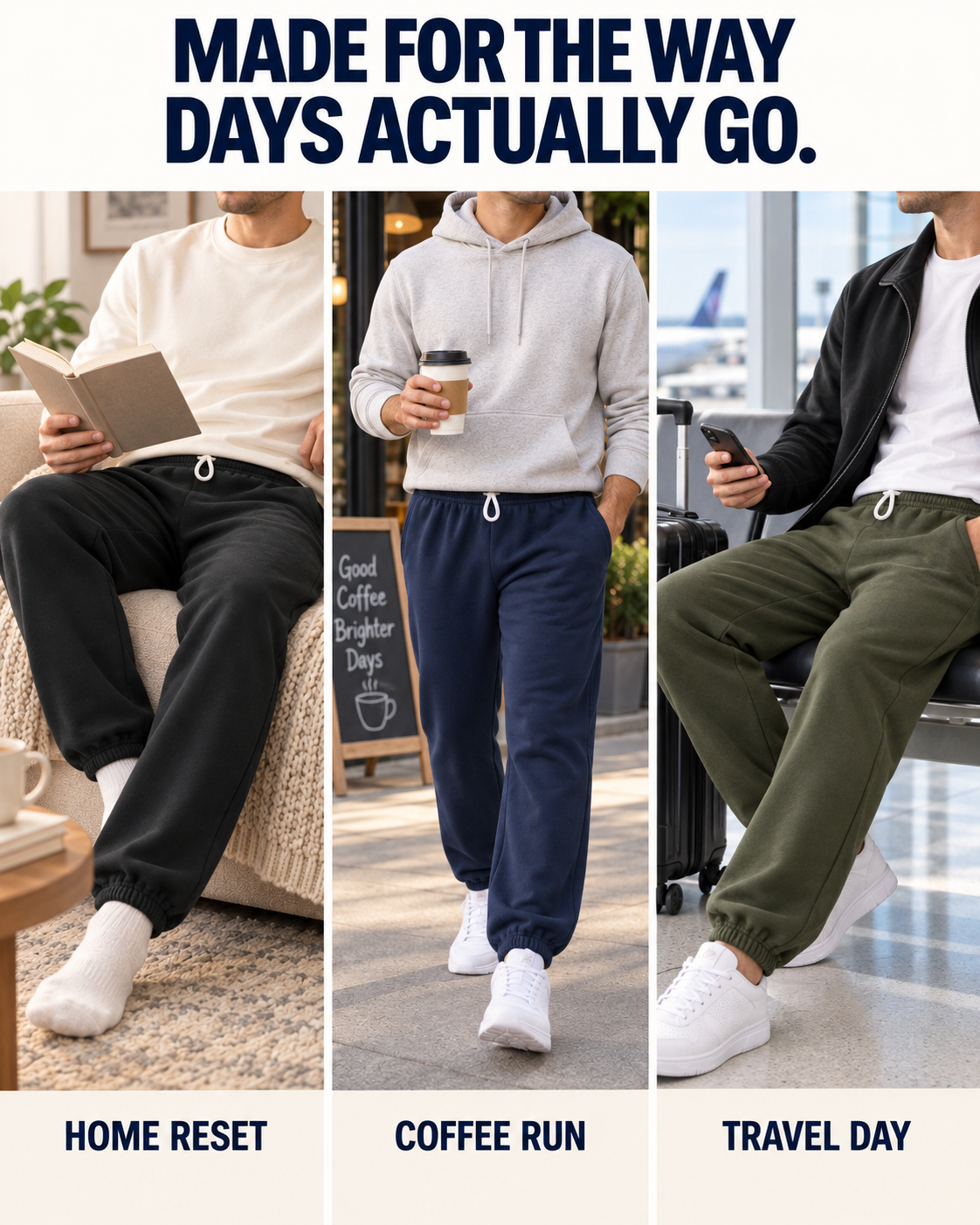 Tapered fleece sweatpants shown for home coffee run and travel day