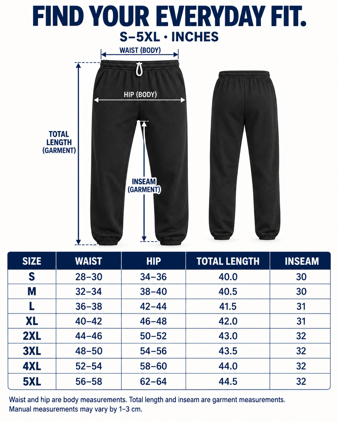 Complete S–5XL size chart and pants measurement directions
