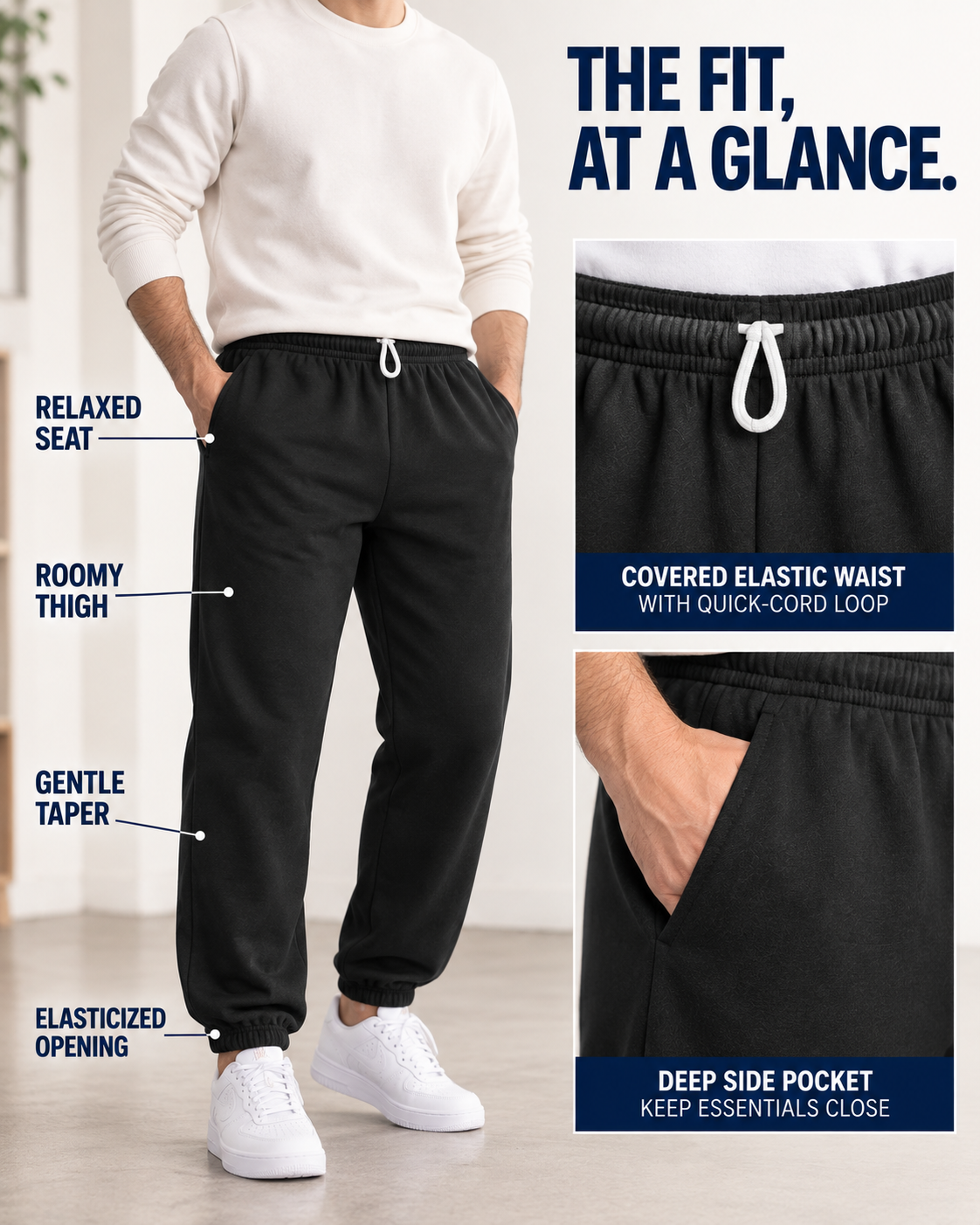 Relaxed seat roomy thigh gentle taper and elasticized opening