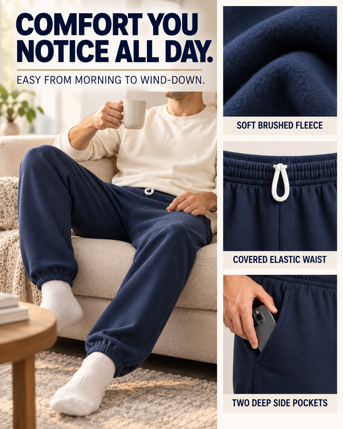 Soft brushed fleece covered elastic waist and two side pockets