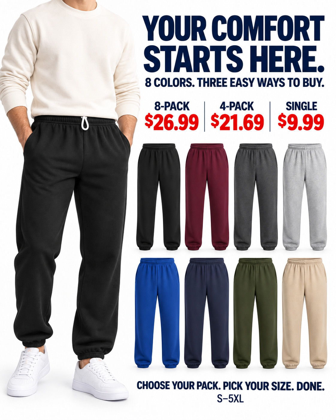 Eight colors and three easy ways to buy tapered fleece sweatpants