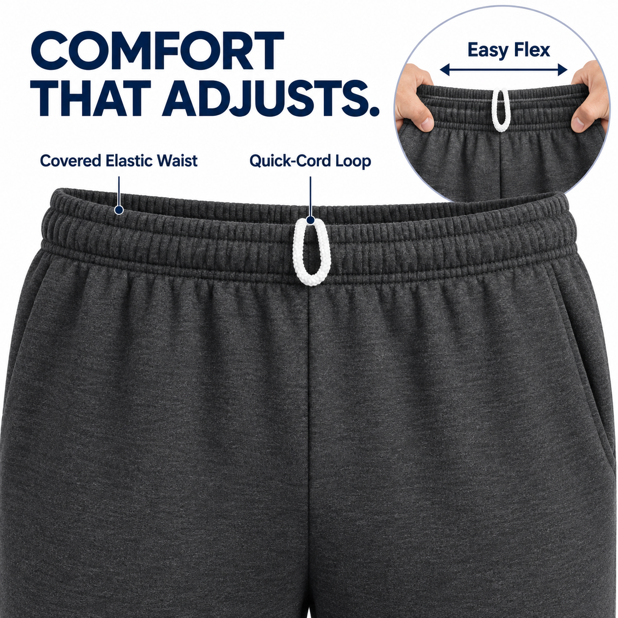 Covered elastic waistband and short centered Quick-Cord loop detail