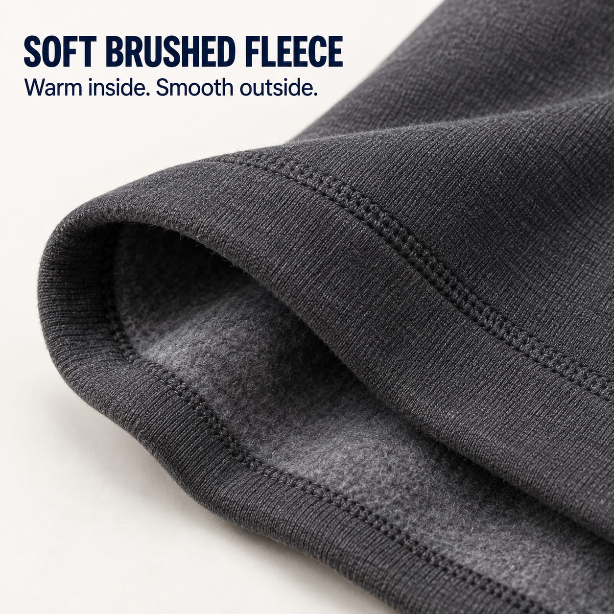 Close-up of Charcoal thermal underwear brushed fleece interior and smooth stretch exterior