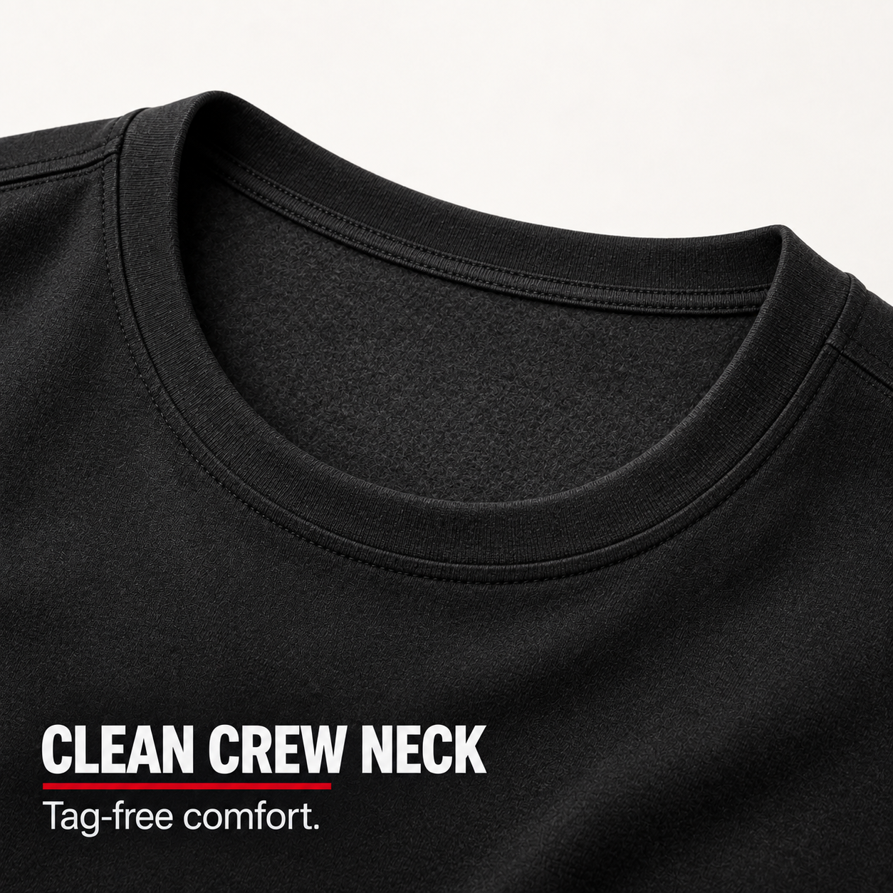 Close-up of Black thermal underwear clean tag-free crew neck construction