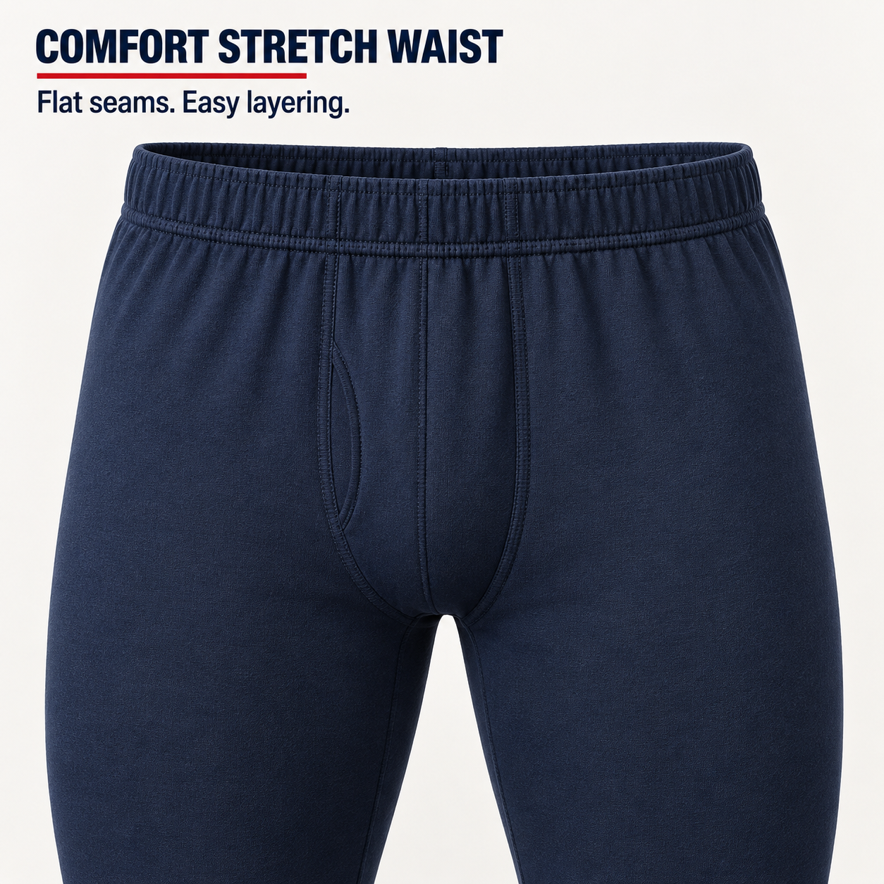 Close-up of Navy thermal underwear stretch waistband, flat seams and front contour construction