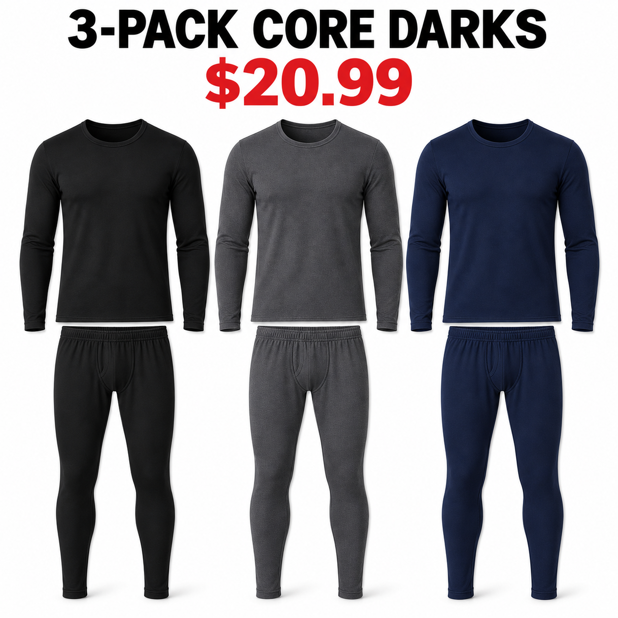 Black, Charcoal and Navy fleece-lined thermal underwear sets, 3-Pack Core Darks, $20.99
