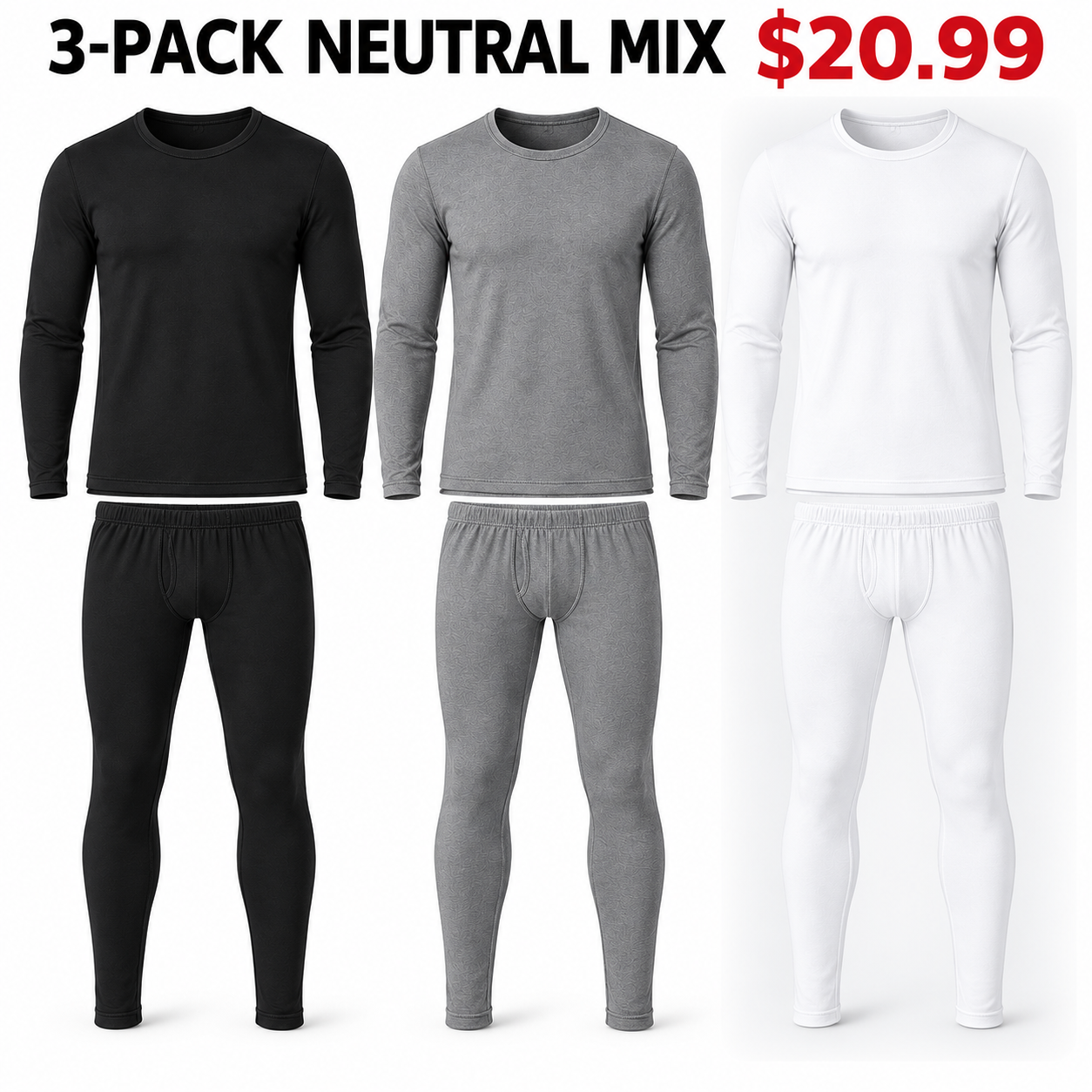Black, Grey and White fleece-lined thermal underwear sets, 3-Pack Neutral Mix, $20.99