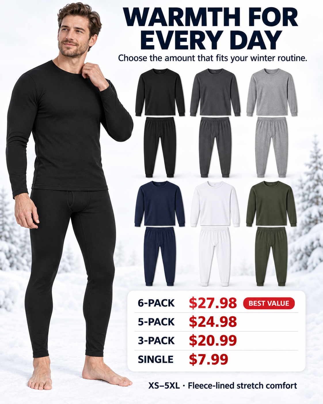Fleece-lined thermal underwear Pack options and six-color overview, XS through 5XL
